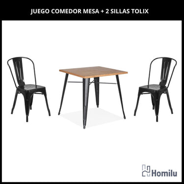 Juego De Comedor Tolix Mesa Madera 70x70 + 2 Sillas Iron