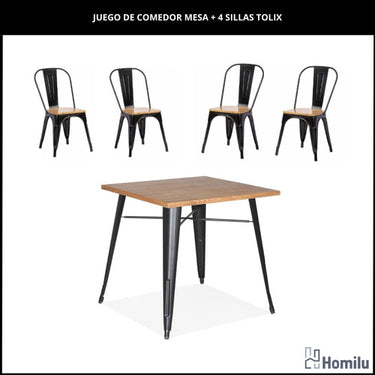 Juego De Comedor Tolix Mesa 70x70 + 4 Sillas Tolix C/madera