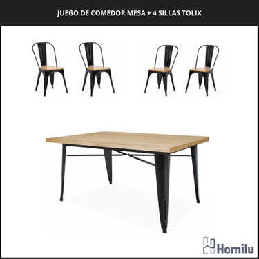 Juego De Comedor Tolix Mesa 120x70 + 4 Sillas Tolix C/madera