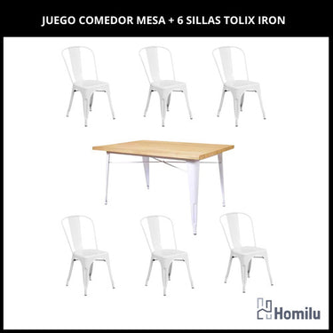 Juego De Comedor Tolix Mesa Madera 120x70 + 6 Sillas Iron