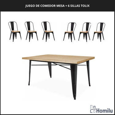 Juego De Comedor Tolix Mesa 120x70 + 6 Sillas Tolix C/madera