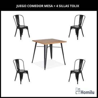 Juego De Comedor Tolix Mesa Madera 70x70 + 4 Sillas Iron