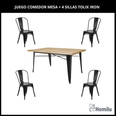 Juego De Comedor Tolix Mesa Madera 120x70 + 4 Sillas Iron